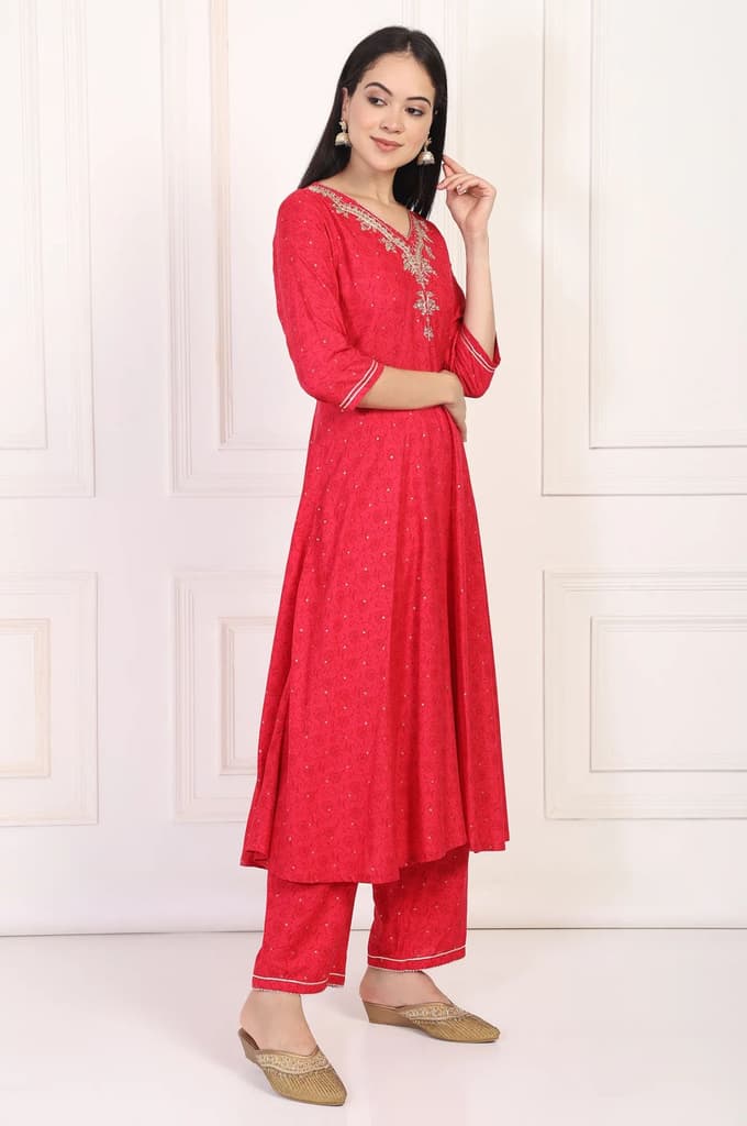 Red Embroidered A-Line Kurta and Straight Trouser Set — photo 6