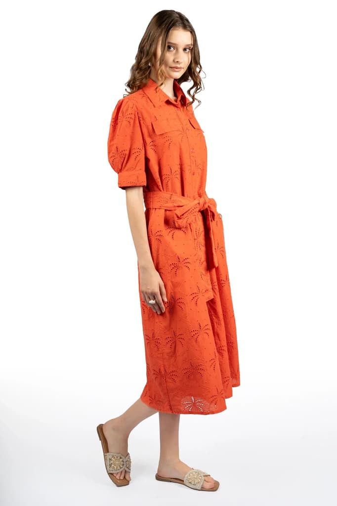 Red Solid Cotton Schiffli Puff Sleeve Midi Dress — photo 3