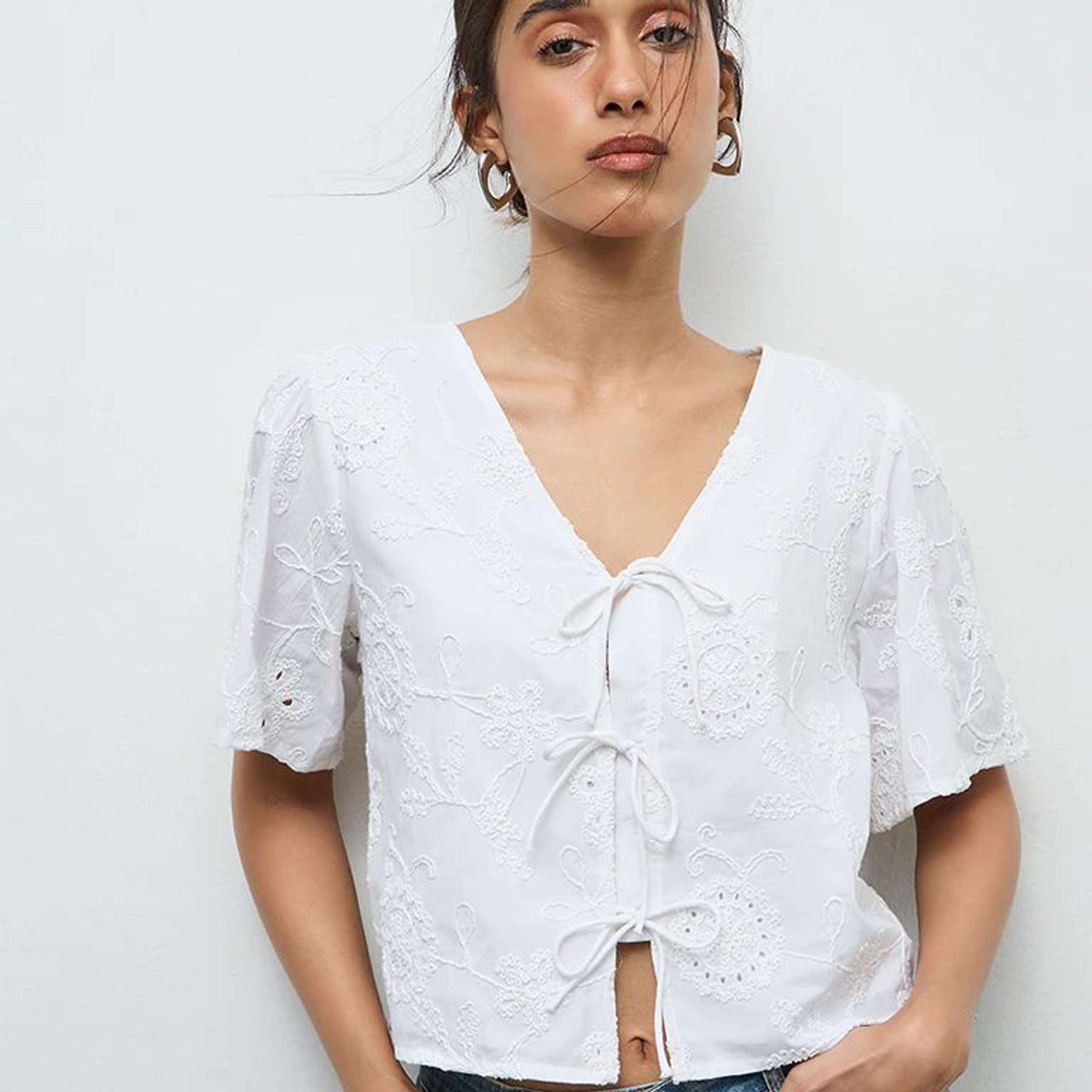 LOV Off-White Floral Embroidered Cotton Blouse