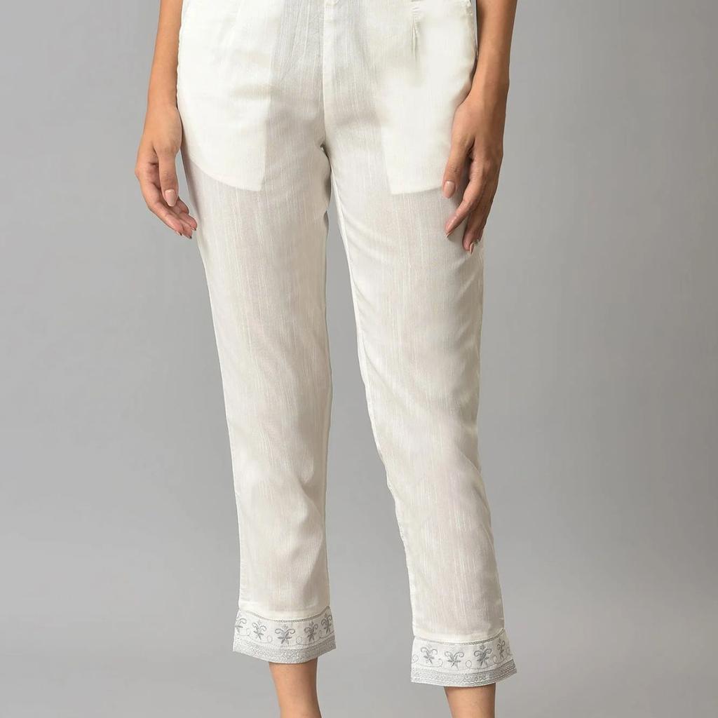 White Floral Wide Leg Cotton Pants With Elasticated Waist