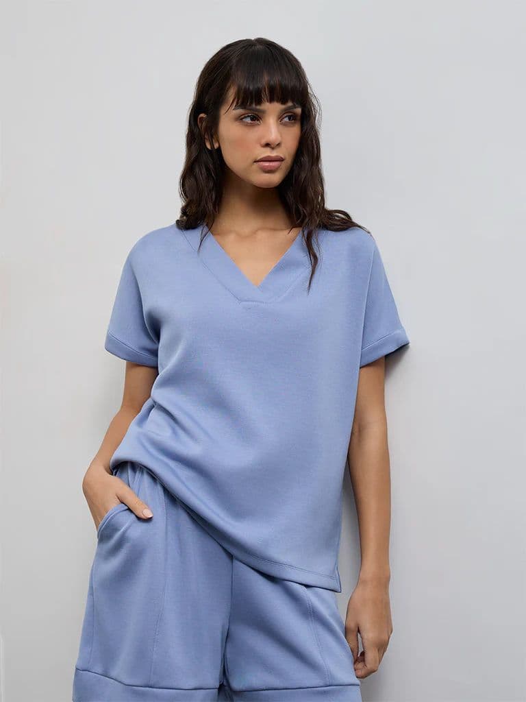 Wunderlove Dusty Blue Solid V-Neck Top — photo 2