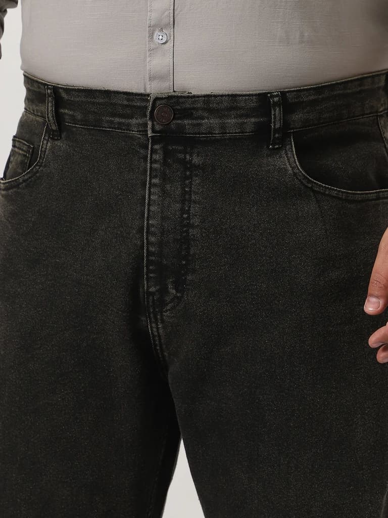 Plus Men's Black Straight Fit Heavy Washed Jeans Stretchable — photo 5
