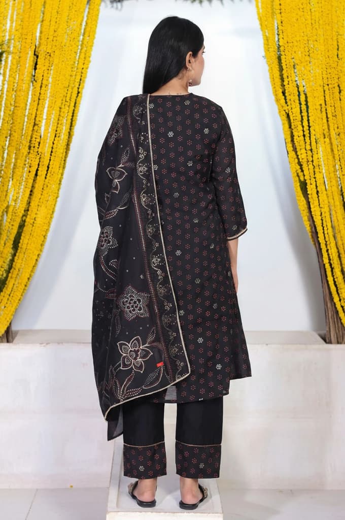 Black Embroidered A-Line Kurta with Straight Pant and Dupatta Set — photo 5