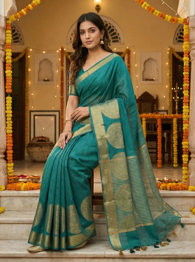 MIMOSA Women's Woven Design Kanjivaram Style Art Silk Saree with Blouse Piece - Rama ( SA00003148RMFREE ) — photo 4