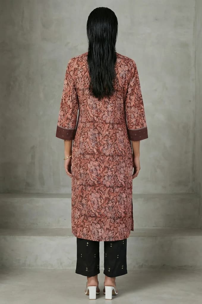 Chocolate Brown Sequins Floral Printed Pure Cotton Straight Kurta — photo 4
