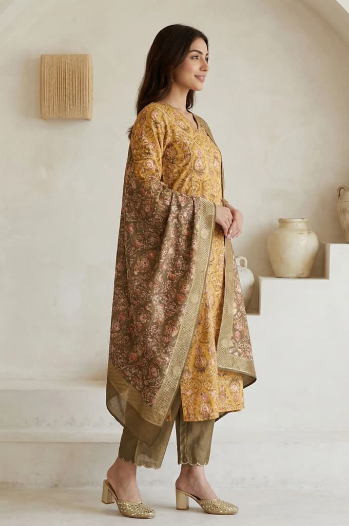 Yellow Floral Printed Zari Work Shantung Straight Kurta with Pants and Dupatta Set — photo 5