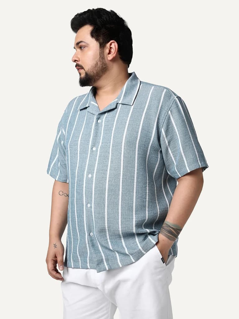 Plus Men's Aqua Cotton Half Sleeve Relaxed Fit Linen Striped Shirt with Cuban Collar — photo 2