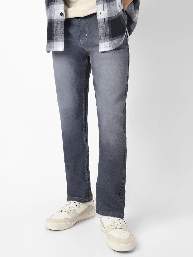 Men's Grey Straight Fit Washed Jeans Stretchable — 28 / Grey