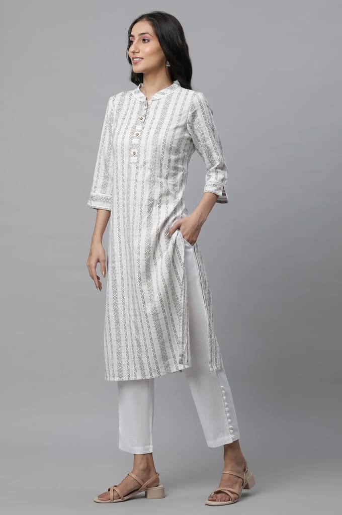 White Solid Straight Fit Cotton Trousers With Button Detail — photo 5