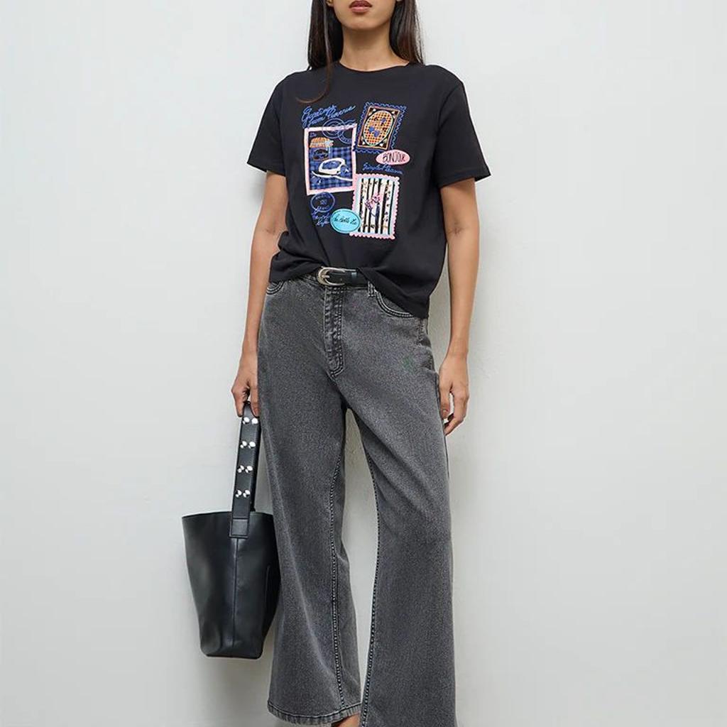 LOV Black Printed Cotton T-Shirt