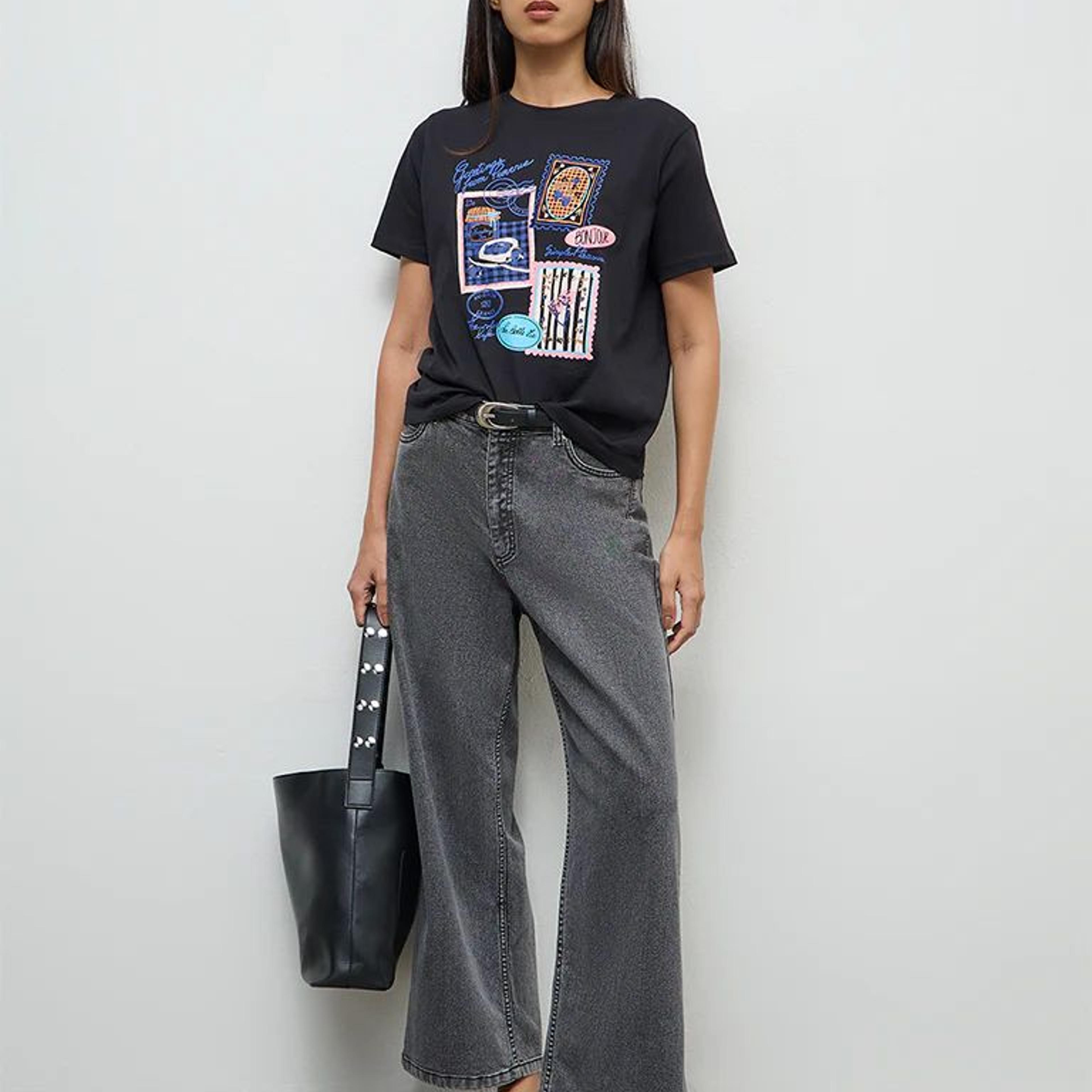 LOV Black Printed Cotton T-Shirt