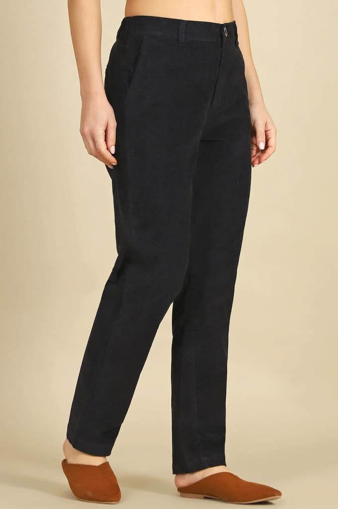 Navy Blue Solid Straight-fit Cotton Pants with YKK Zipper — photo 6