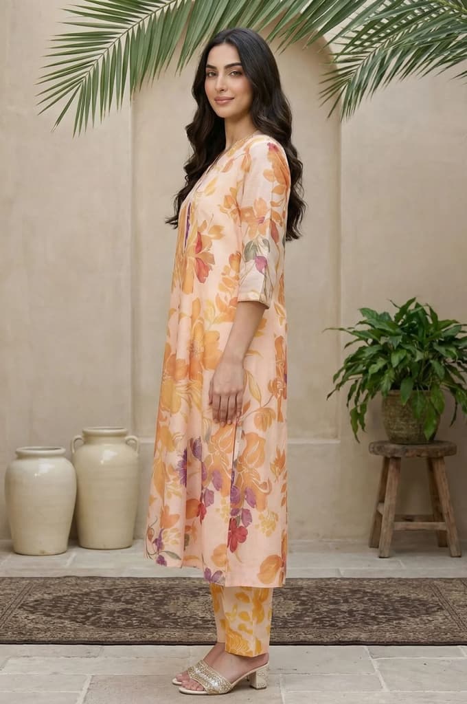 Peach Floral Printed A-Line Kurta with Straight Pant and Dupatta Set — photo 3