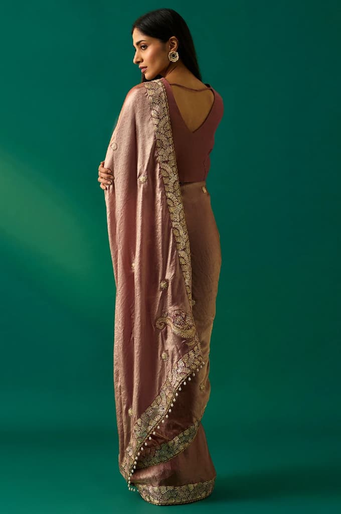 Pink Zari Embroidered Zari Work Banarasi Tissue Satin Saree with Unstitched Blouse — photo 4