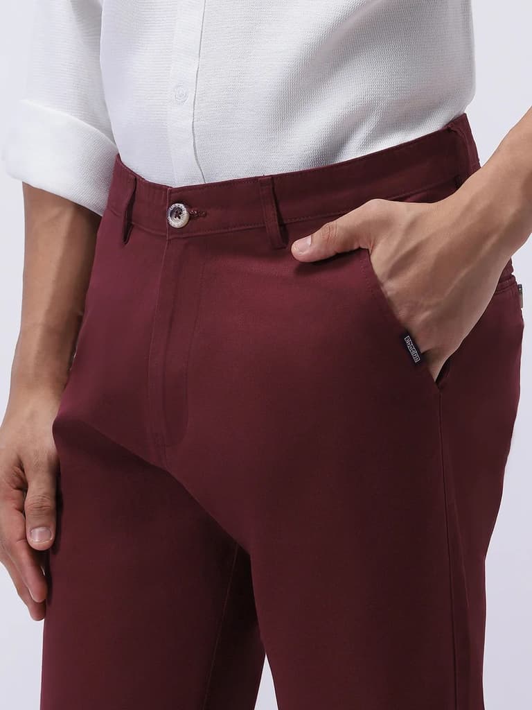 Men's Dark Maroon Cotton Regular Fit Casual Chinos Trousers Stretch — photo 6