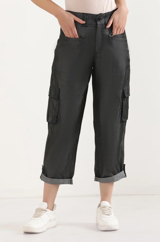 Black Solid Straight Fit Lyocell Pants With Elasticated Waist — photo 2