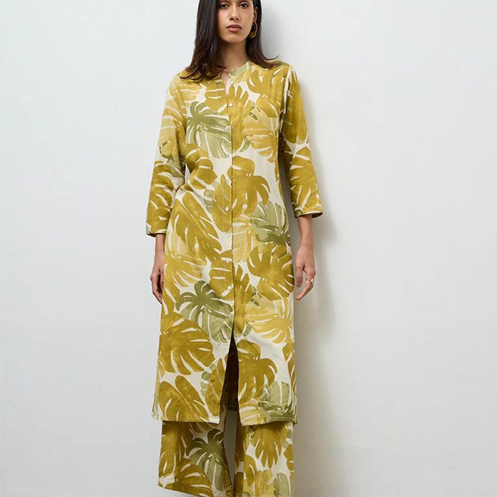 Utsa Green Foliage Printed A-Line Kurta