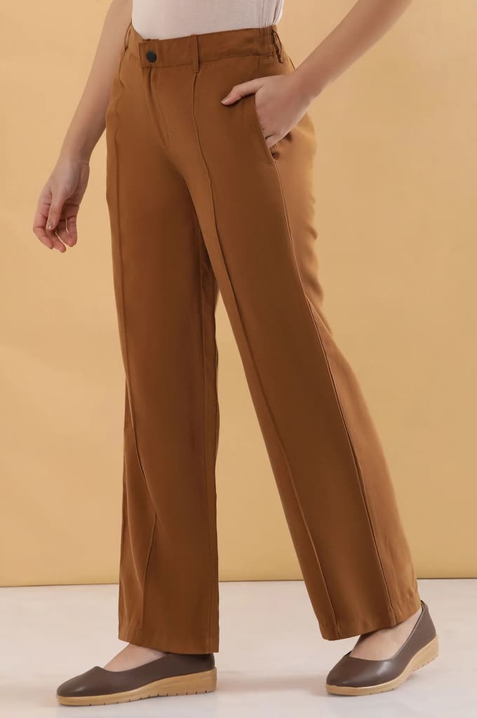 Brown Solid Straight Fit Rayon Pants With Pintuck Detail — photo 3