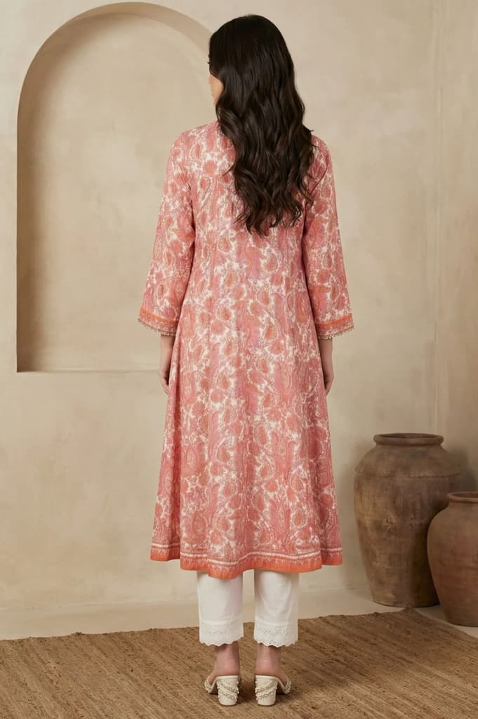 Peach Paisley Printed Sequins Modal Anarkali Kurta — photo 4