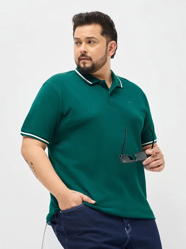 Plus Men's Teal Green Solid Regular Fit Half Sleeve Cotton Polo T-Shirt — 2XL / Teal Green