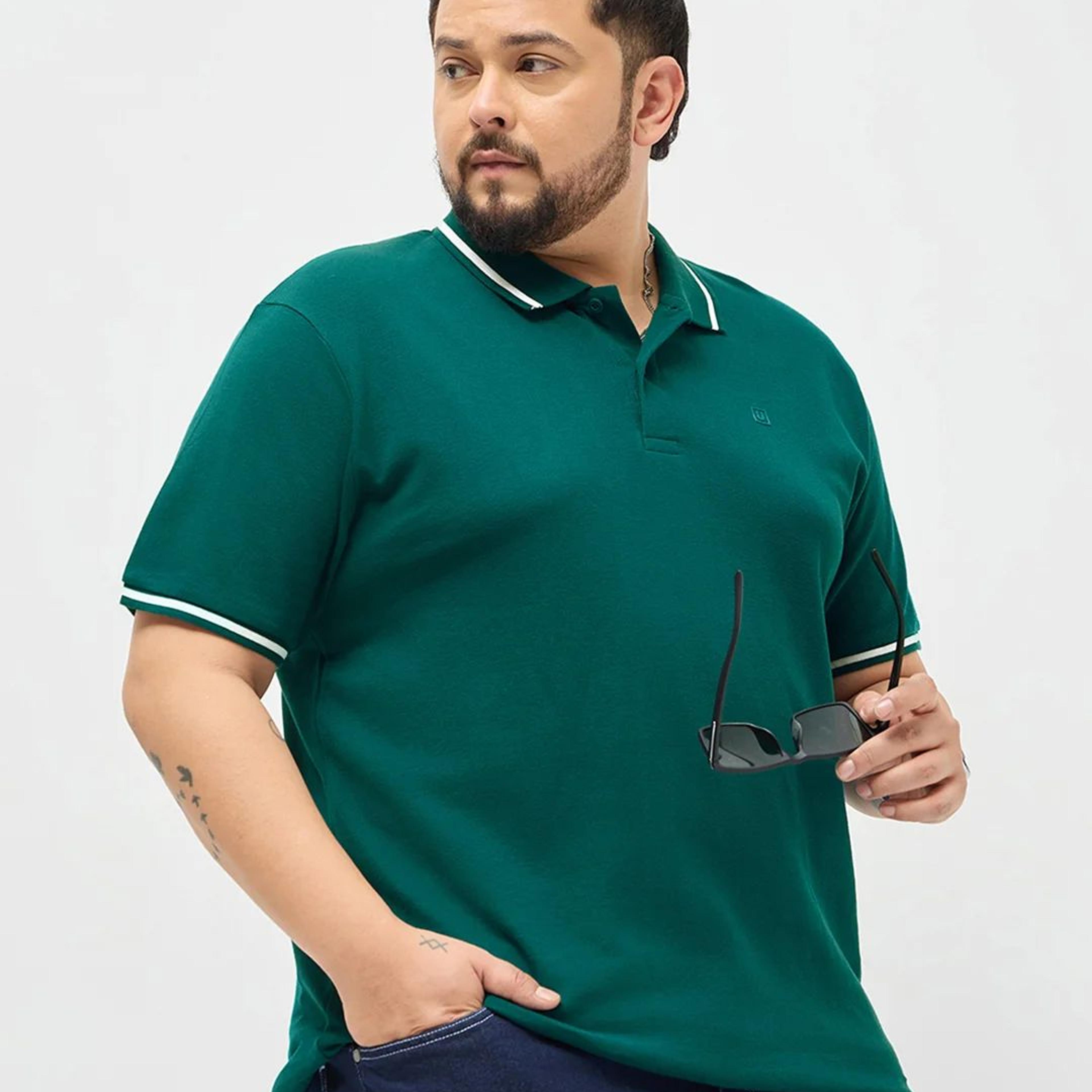 Plus Men's Teal Green Solid Regular Fit Half Sleeve Cotton Polo T-Shirt