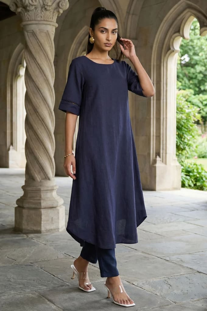 Navy Blue Solid Lace Rayon Flax A-line Kurta — XS
