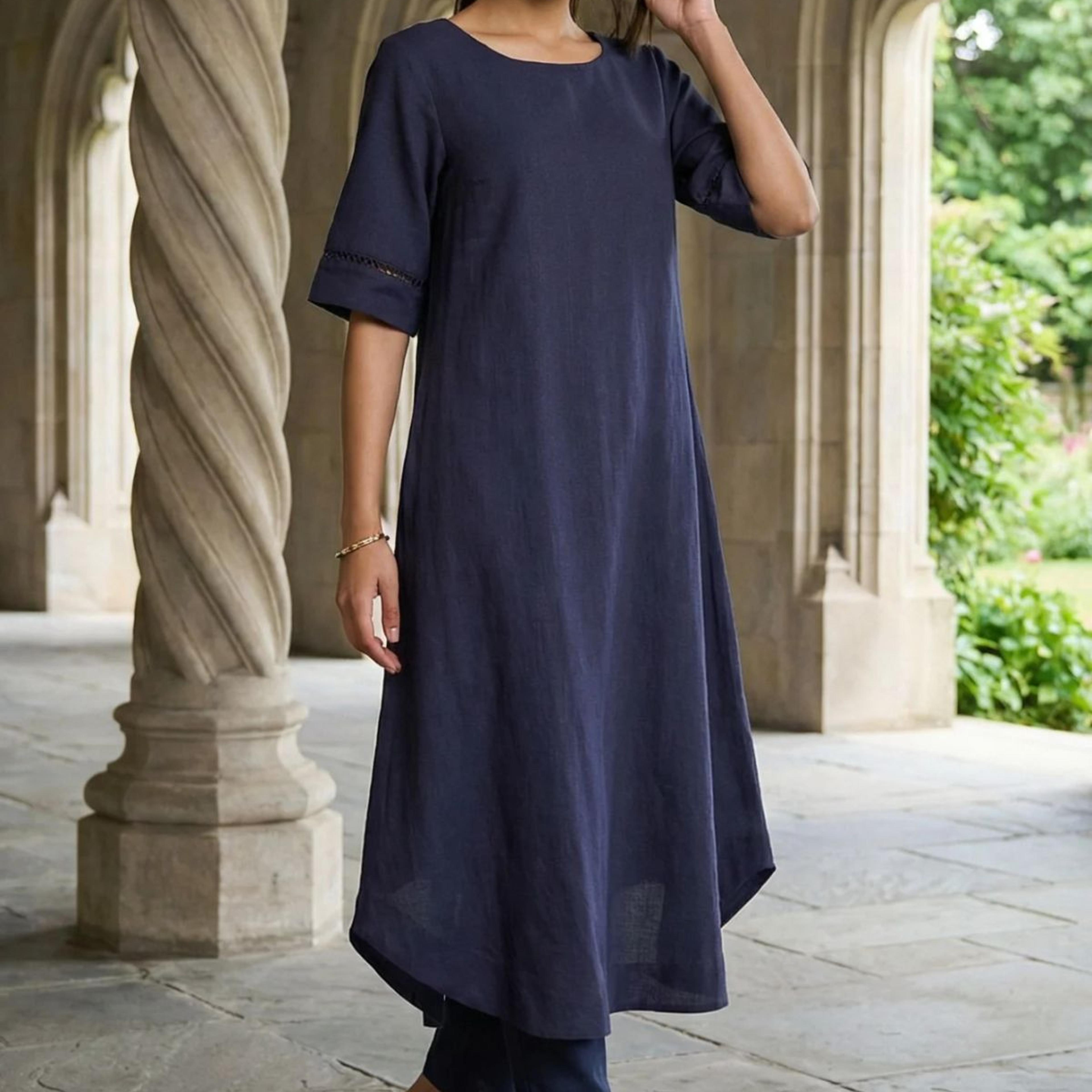 Navy Blue Solid Lace Rayon Flax A-line Kurta
