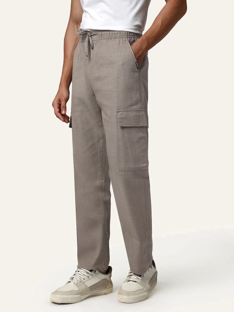 Men's Light Khaki Straight Fit Linen Cargo Pants with 6 Pockets — photo 2
