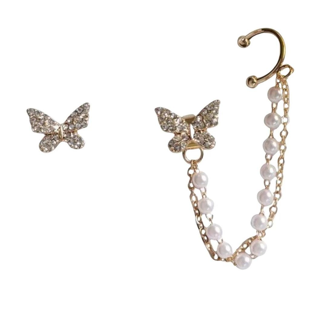 Butterfly Ear Stud with Pearl Chain Cuff – Elegant Single Statement Earring — photo 4