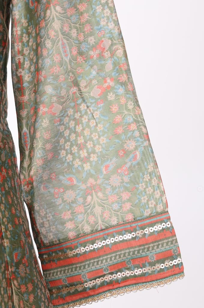 Olive Floral Printed Mirror Work Chanderi A-line Kurta with Straight Pants and Dupatta Set — photo 8