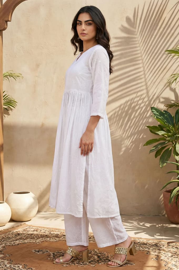 White Chikankari Pure Cotton Flared Kurta with Parallel Pants Set — photo 3