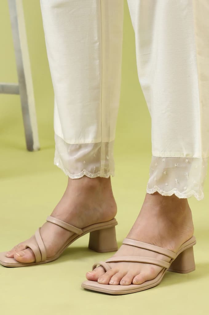 White Solid Mid-Rise Straight Pants with Embroidered Organza Scallop Hemline — photo 9