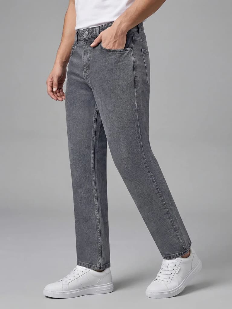 Men's Light Grey Relaxed Fit Washed Denim Jeans Non-Stretchable — photo 2