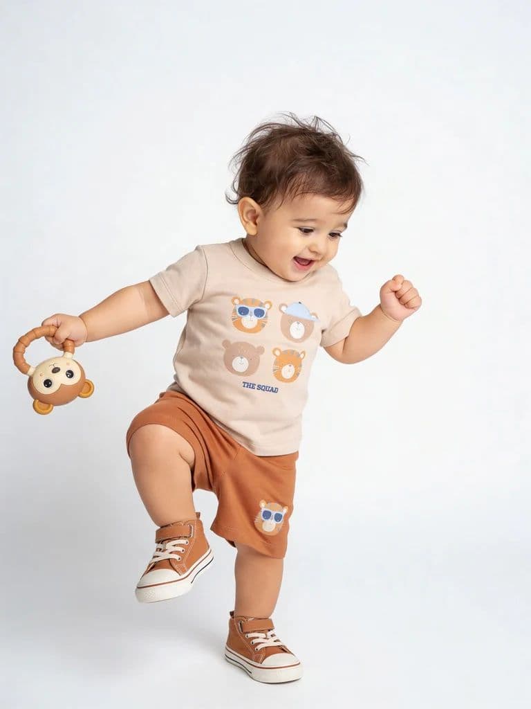 HOP Baby Boys Beige Printed Cotton T-Shirt and Shorts Set