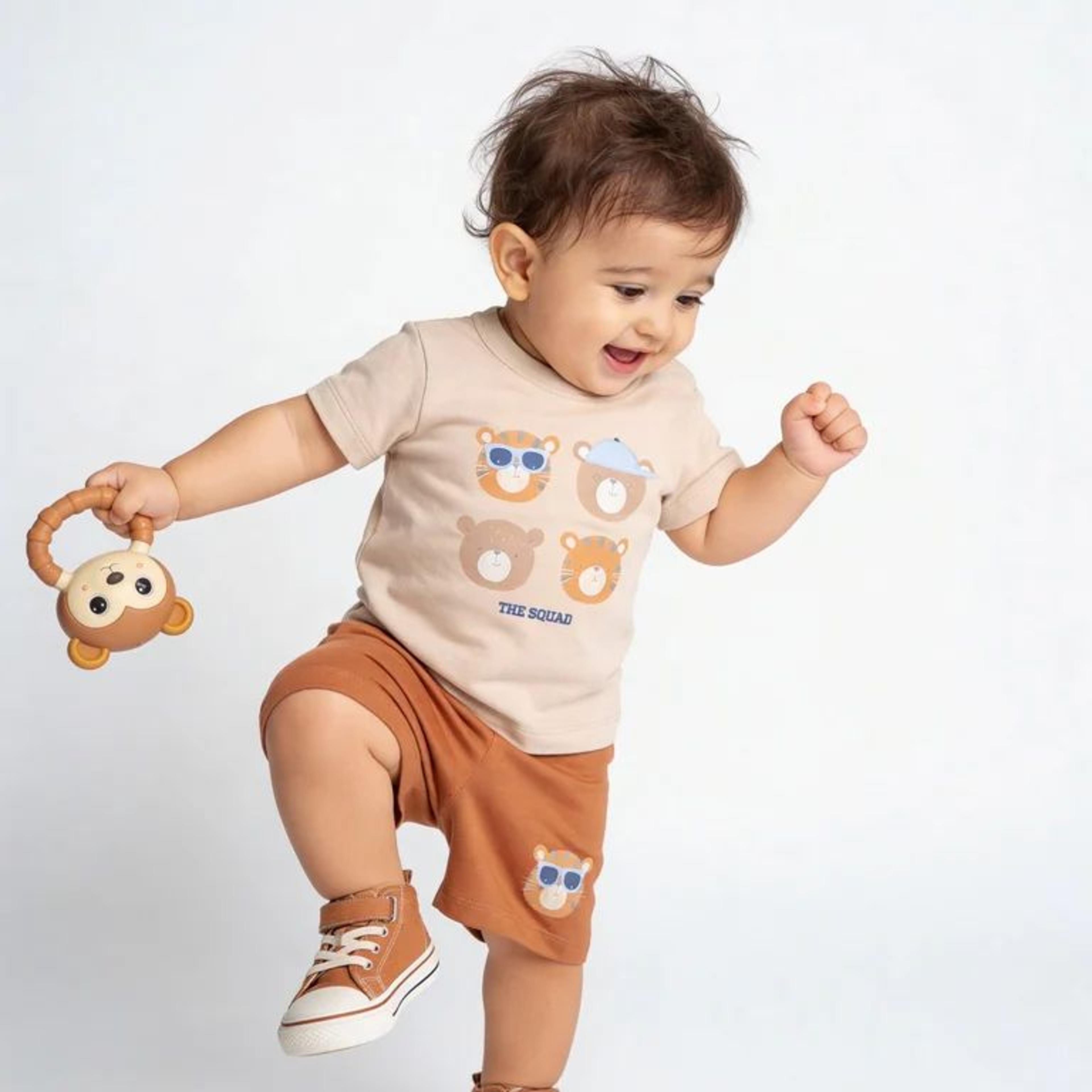 HOP Baby Boys Beige Printed Cotton T-Shirt and Shorts Set