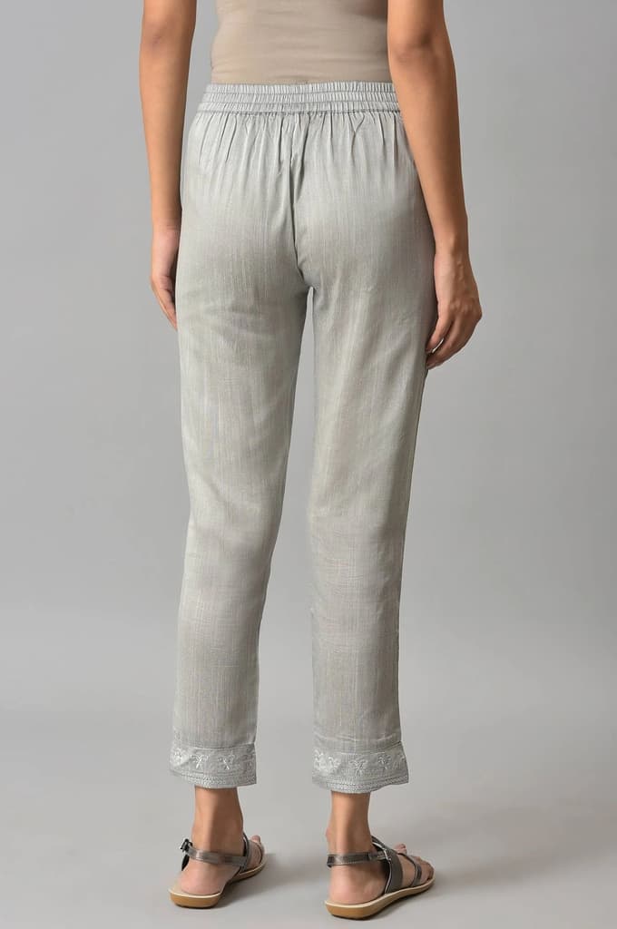 Grey Floral Embroidered Straight Fit Woven Pants With Elasticated Waist — photo 2