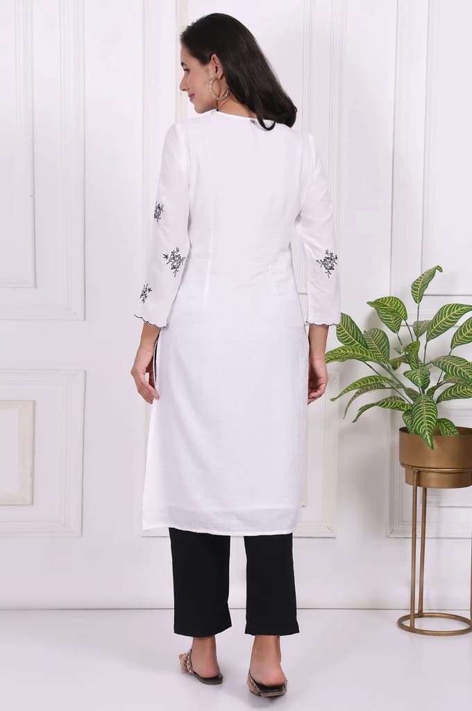 White Floral Printed Thread Embroidered Rayon Straight Kurta — photo 5