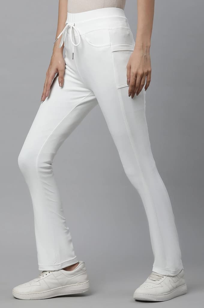 White Solid Boot Cut Pants With Drawstring — photo 2