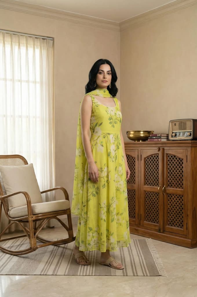 Lime Yellow Floral Printed Organza Flared Dress with Dupatta Set — photo 6