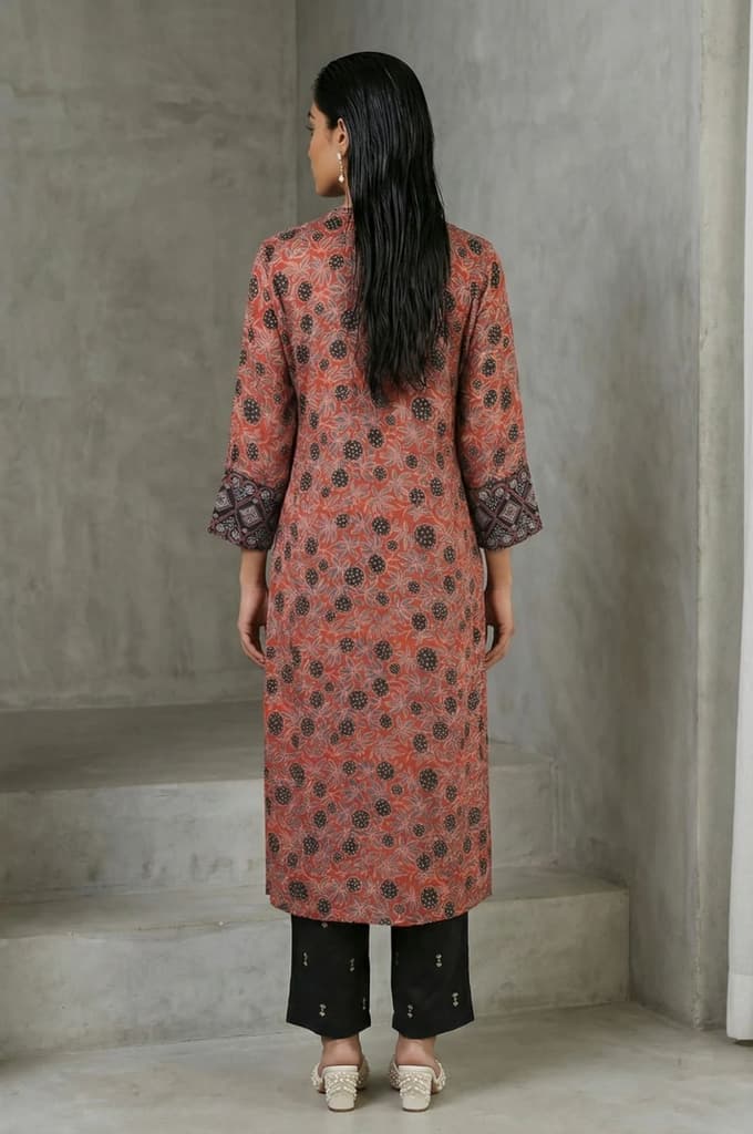 Brick Red Ajrak Printed Mirror Work Modal Satin Straight Kurta — photo 6