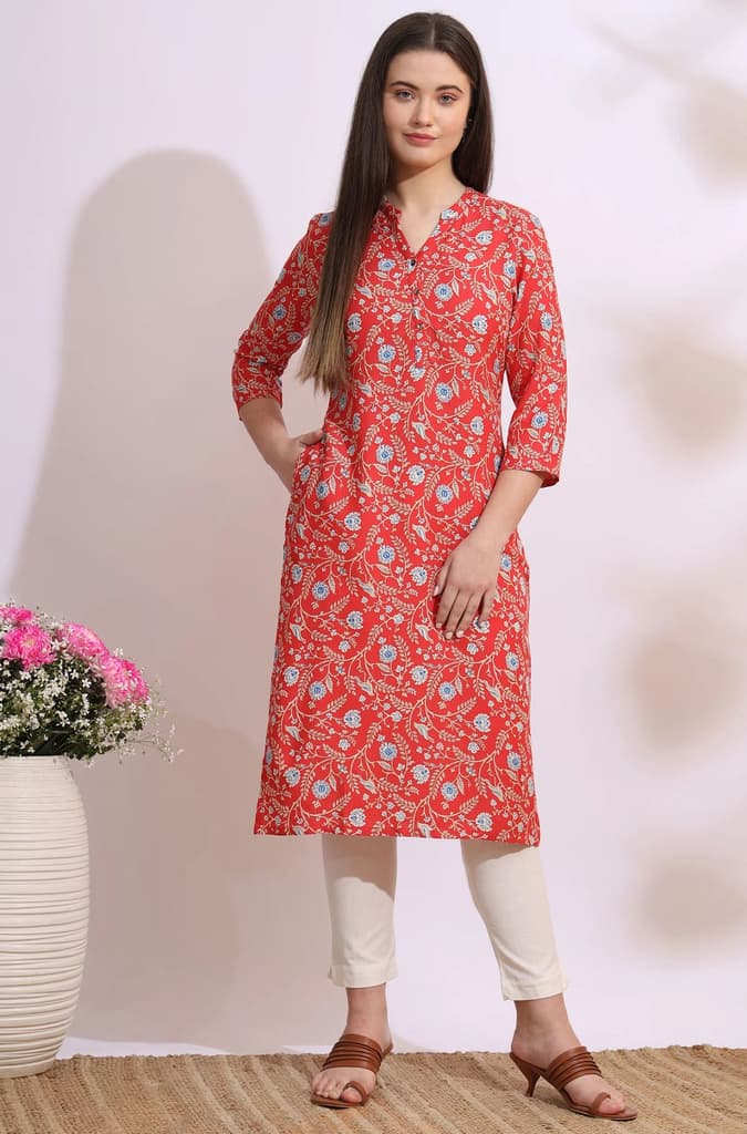 Orange Bold Floral Printed Cotton Cambric Straight Kurta — photo 3