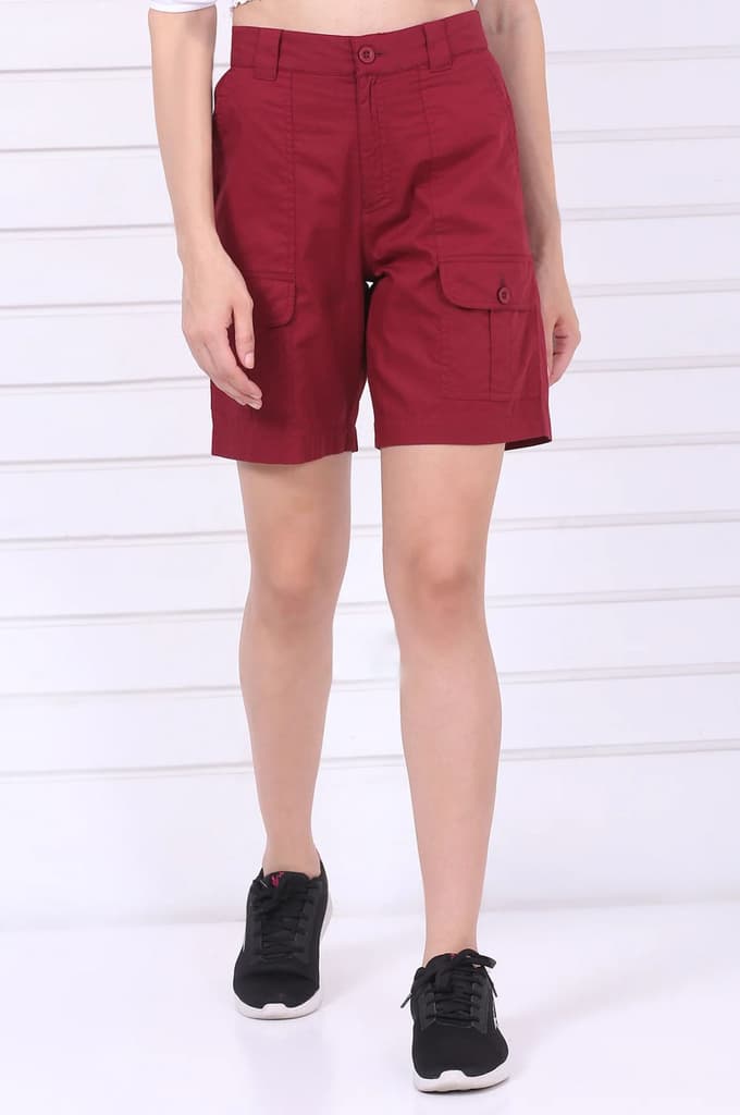 Red Solid Mid Thigh Pure Cotton Shorts with YKK Zipper — photo 2