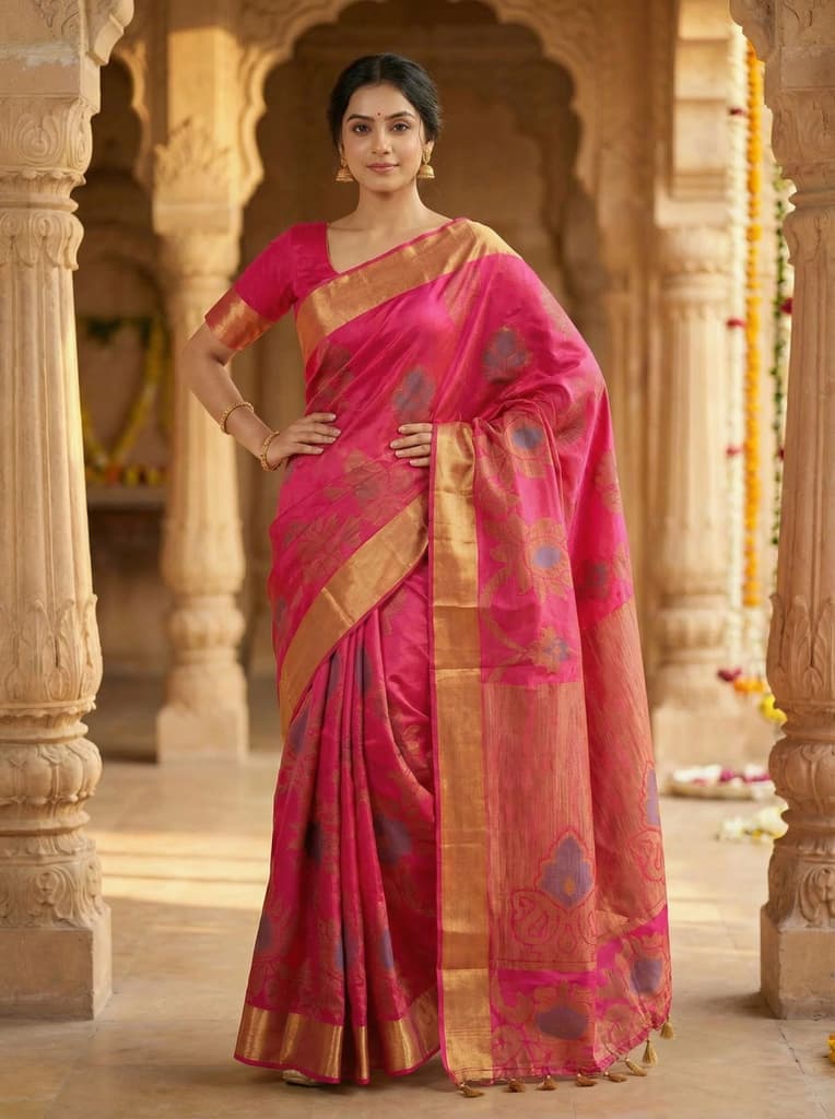 MIMOSA Women's Woven Design Mysore Silk Style Crepe Saree with Blouse Piece - Rani ( SA00003135RNFREE ) — photo 2