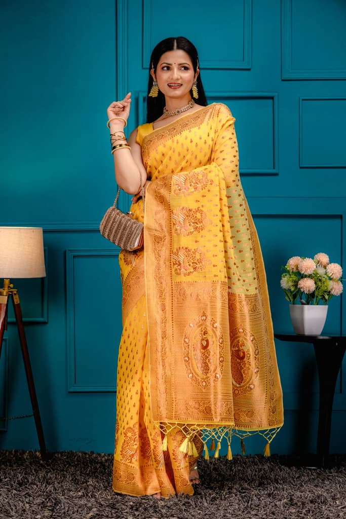 Mimosa Women's Woven Design Banarasi Style Art Silk Saree With Blouse Piece : SA00001809GDFREE — photo 5