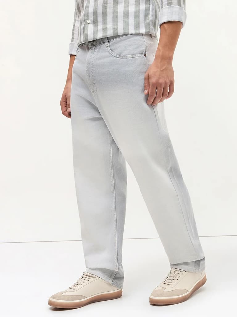 Men's Ice Grey Loose Baggy Fit Heavy Washed Faded Denim Jeans Non-Stretchable — photo 2