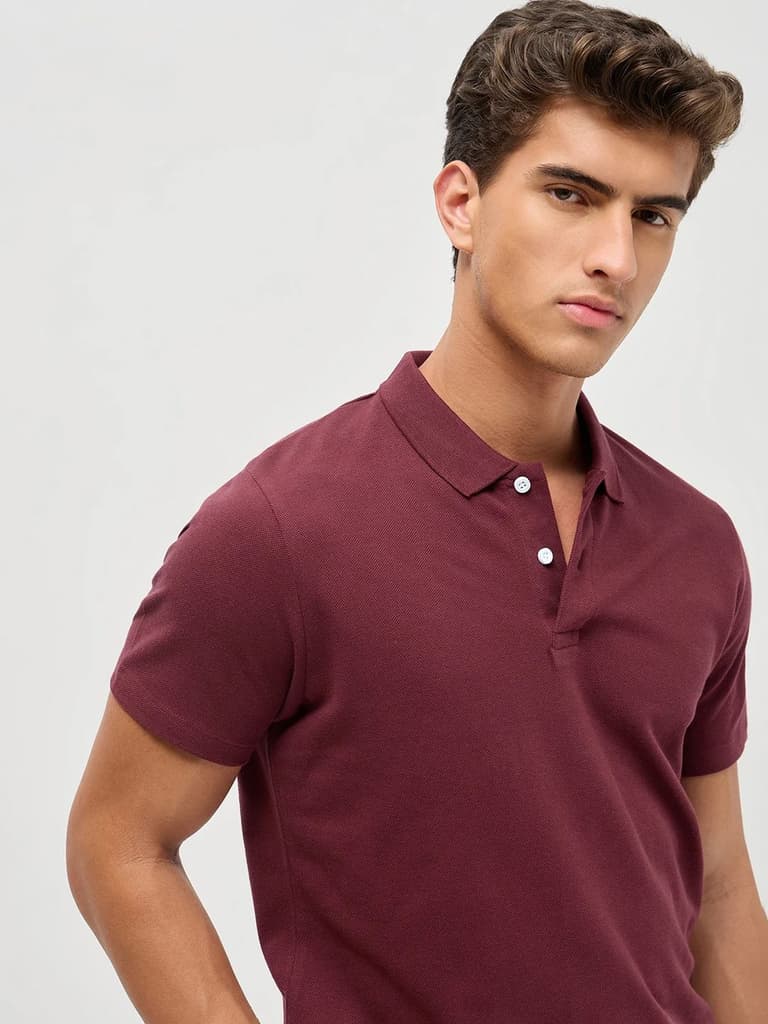Men's Maroon Solid Regular Fit Half Sleeve Cotton Polo T-Shirt — photo 5