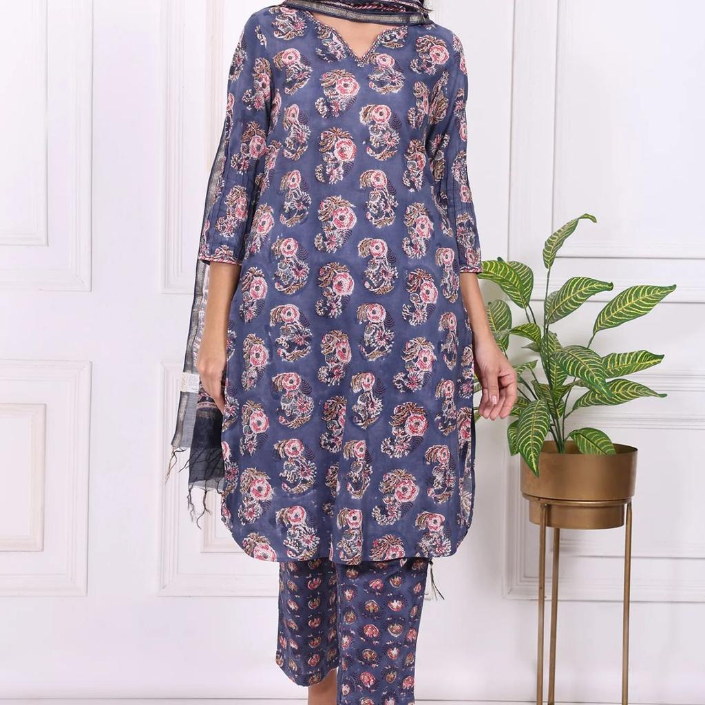Blue Floral Printed Pure Cotton Straight Kurta, Pants and Dupatta Set