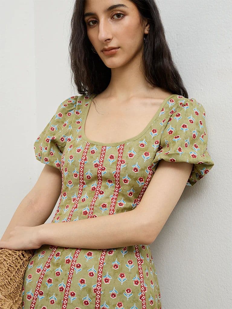 Bombay Paisley Green Printed A-Line Cotton-Blend Dress — photo 3