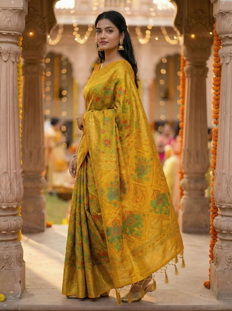 MIMOSA Women's Woven Design Paithani Style Raw Silk Saree with Blouse Piece - Gold ( SA00003128GDFREE ) — photo 3