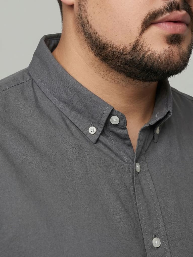 Plus Men's Grey Cotton Full Sleeve Regular Fit Solid Oxford Shirt With Button-Down Collar — photo 6